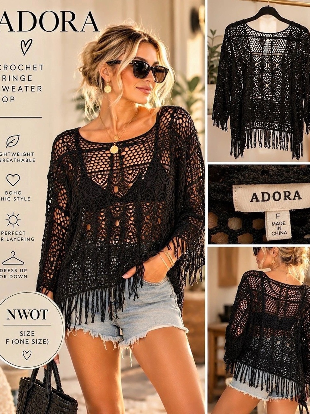 Adora Crochet Fringe Sweater Top Tunic in Black